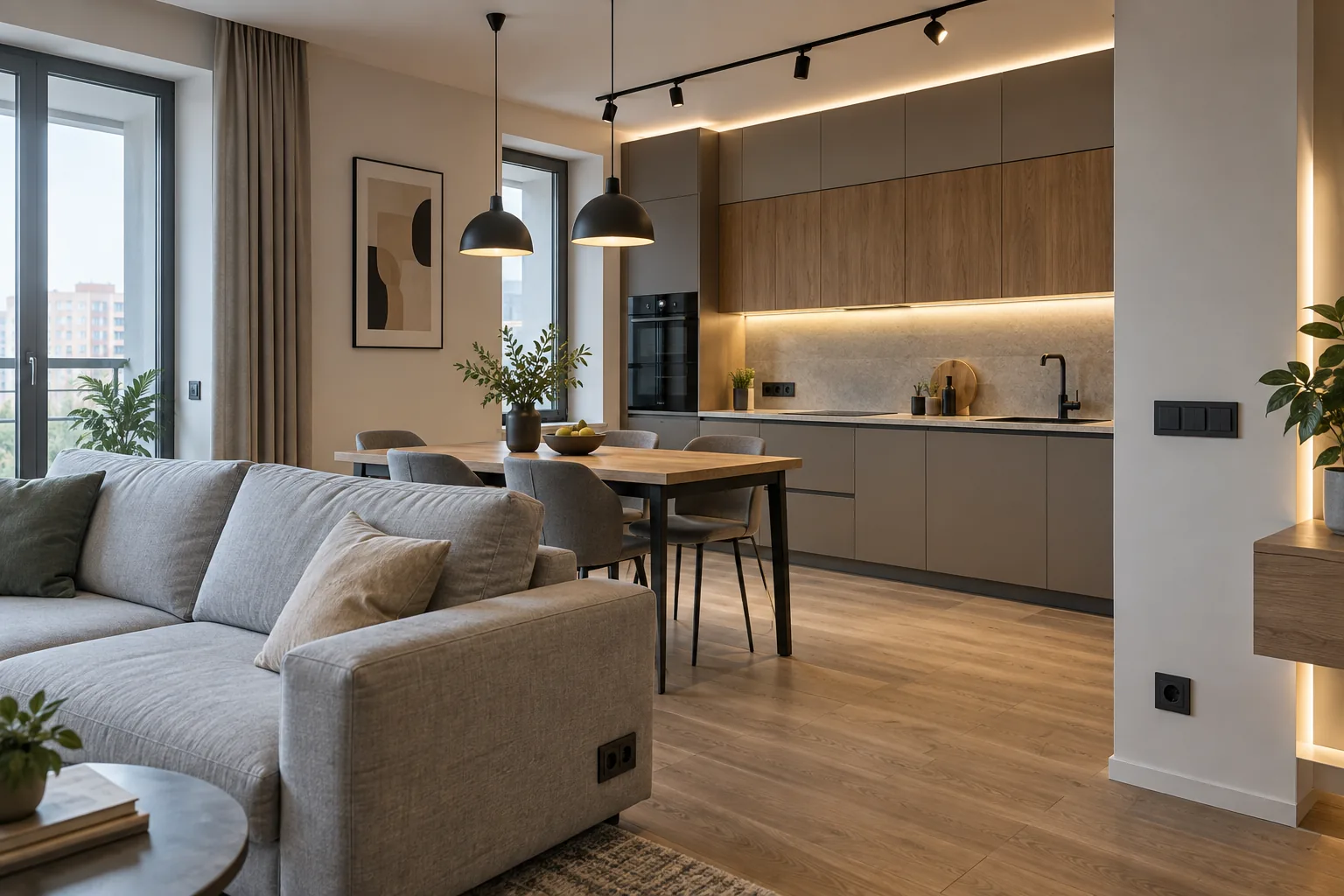 Розетки и освещение в готовом интерьере квартиры
